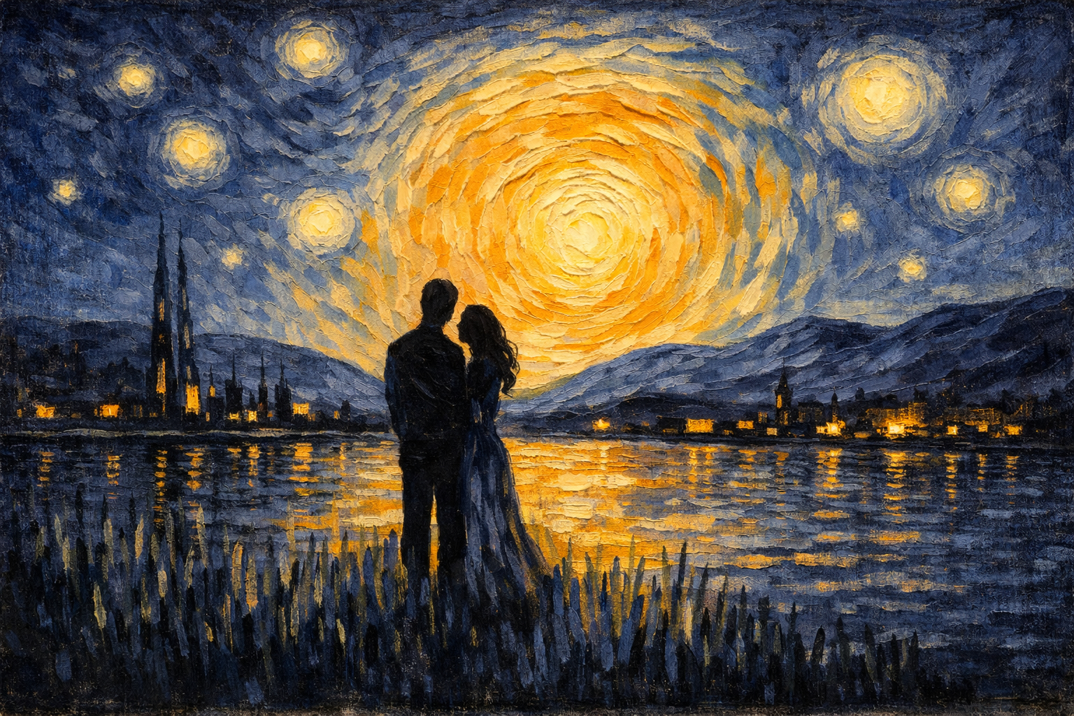 Couple under starry night sky